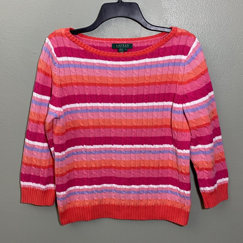 Lauren Ralph Lauren Striped Scoop-Neck Sweater in Coral, Pink & Red